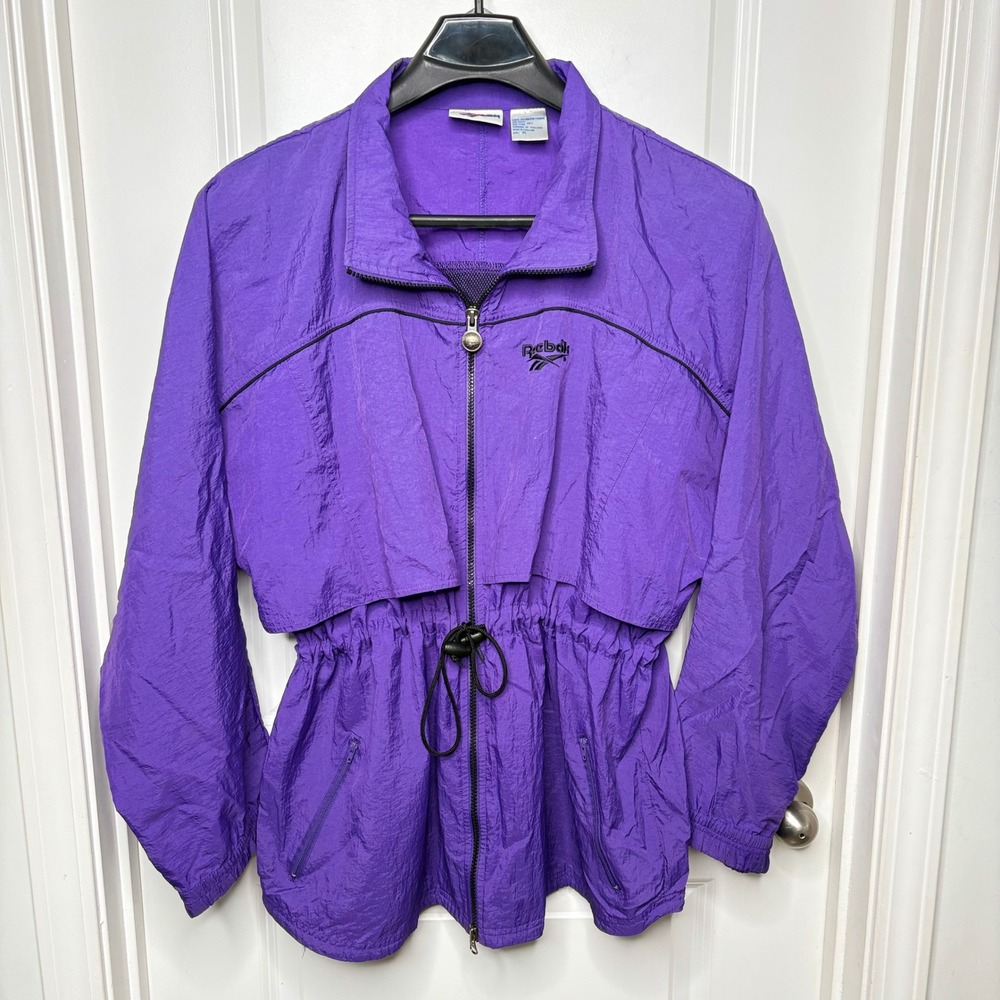 Vintage 90s Reebok Windbreaker Jacket Purple Nylon Cinched Waist Full Zip XL